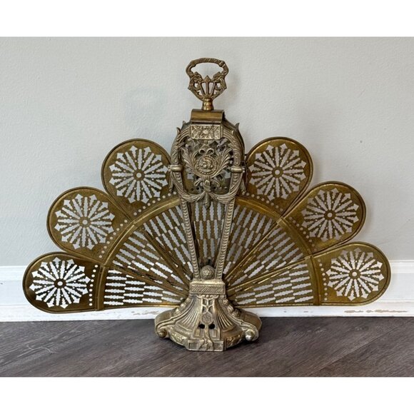 Vintage Brass Peacock Fireplace Screen Folding Fan Cameo Design Small Victorian - Picture 3 of 9